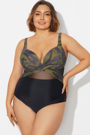 V-Neck Camouflage Print Mesh Underwired One Piece Swimsuit