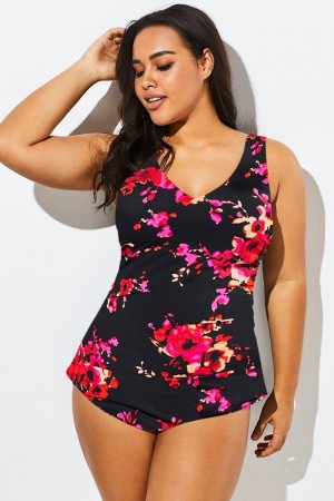 Black Flower Sarong Front V-Neck One Piece Swimsuit