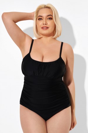 Black Scoopneck Ruched Women One Piece Swimsuit 