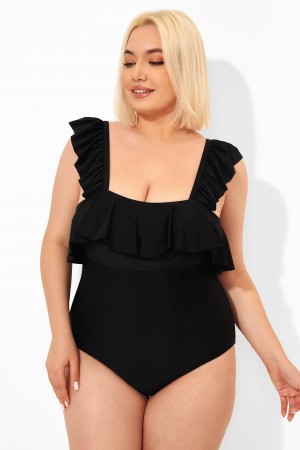 Black Front & Back Ruffle Square Neckline One Piece Swimsuit