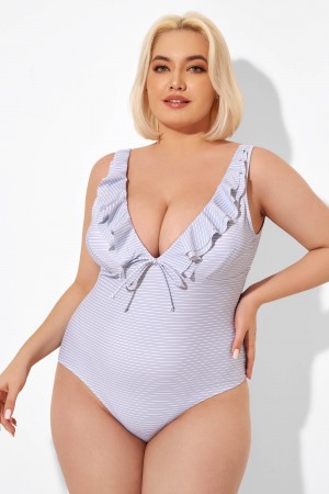 Blue Frill Front Low Square Back One Piece Swimsuit 