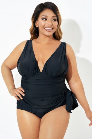 Solid Black Deep Full Straight Back One Piece Swimsuit