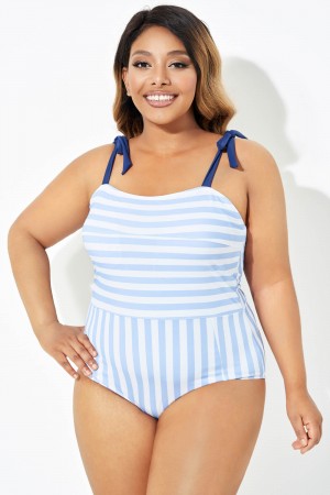 Blue & White Stripe Self-tie Straps One Piece Swimsuit