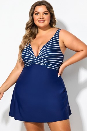 Navy And White Stripe Wrap Front Swimdress