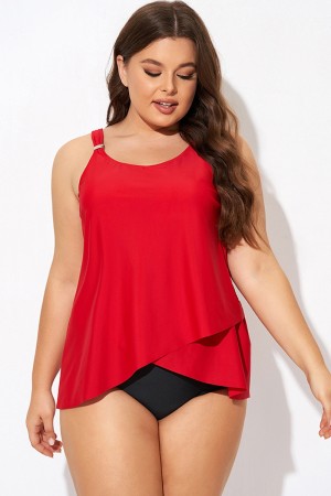 Solid Red Flowy Front Full Straight Back Tankini Top