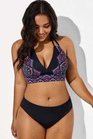 Black and Purple Printed Halter Sexy Bikini Set