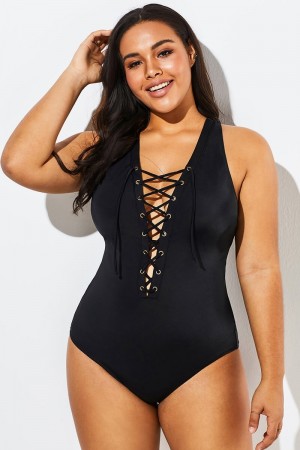 Black Lace Up One Piece Open Back Swimsuit