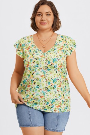 Plus Size Allover Floral Print Butterfly Sleeve Blouse