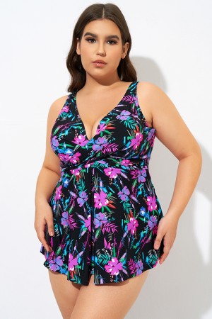 Neon Floral V-neck Twist Unlined Tankini Top