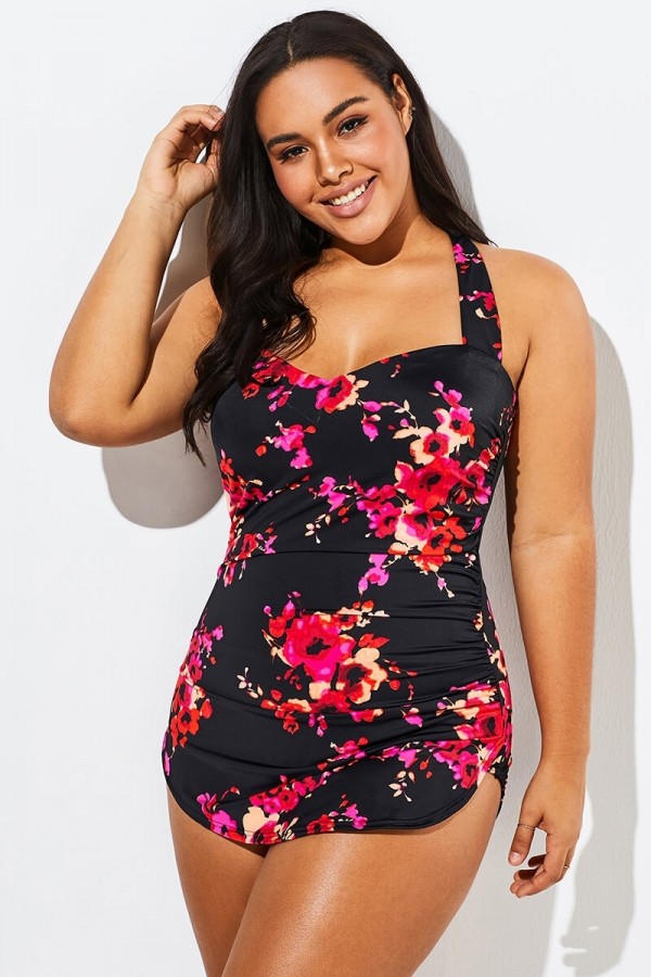 Poppies H-Back Sarong Front One Piece Swimsuit - Meet.Curve - Meet.Curve